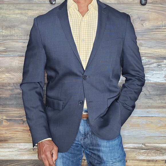 Emile Lafaurie Wool Blend Stitched Lapel Navy Blue Blazer